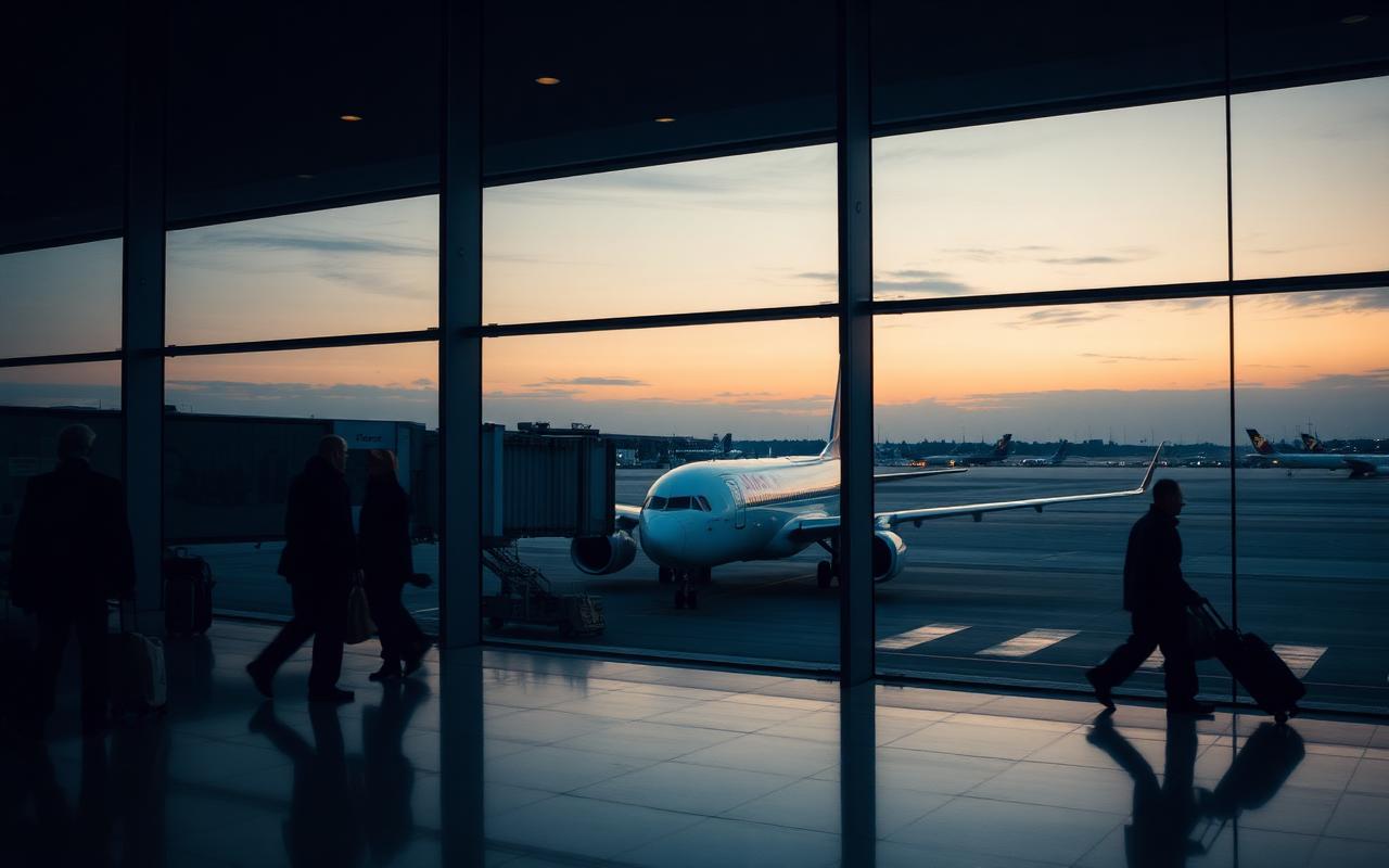 Travellers with luggage walking through an airport terminal with an aircraft at the gate at dusk